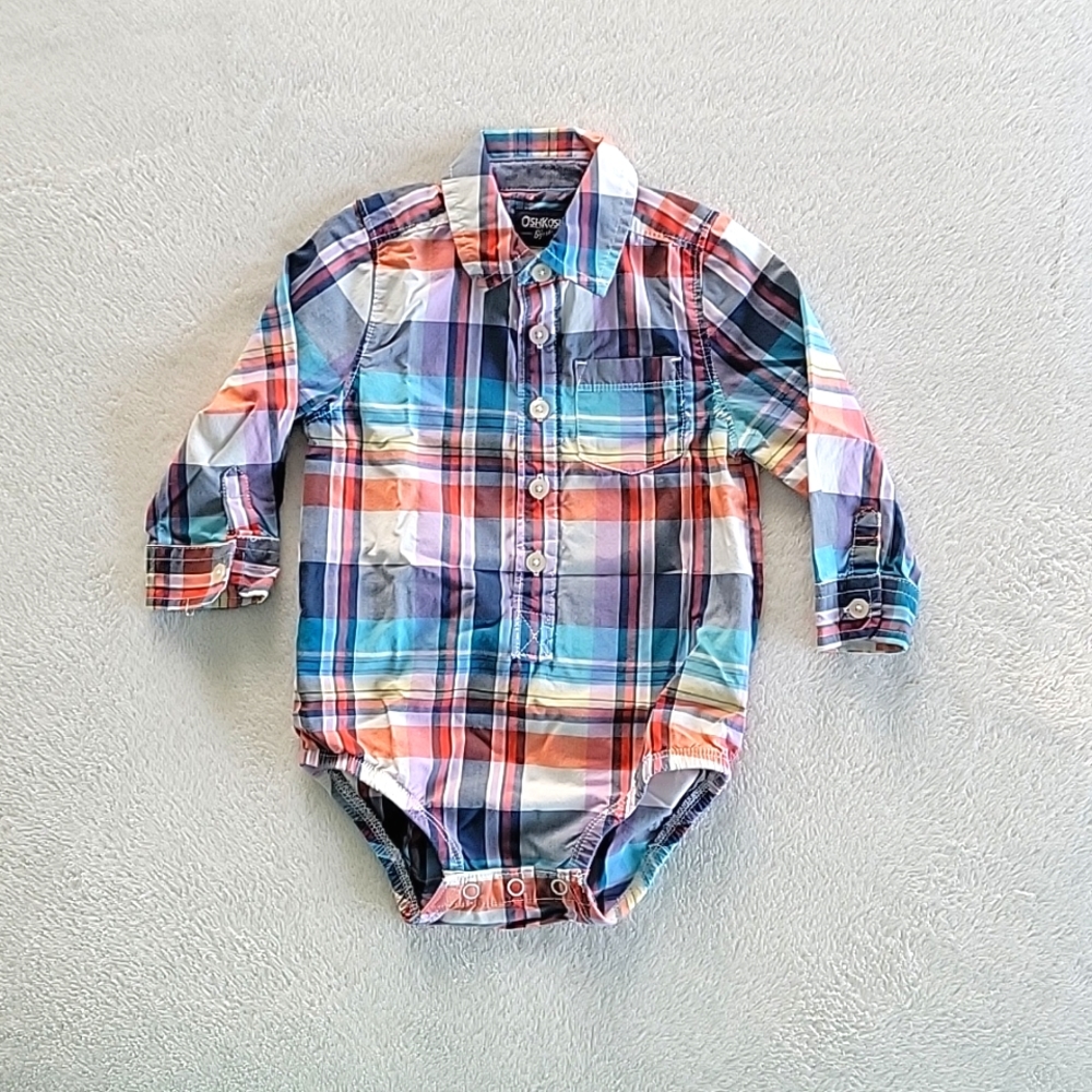 Like new 18M Oshkosh plaid button down dress shirt onesie